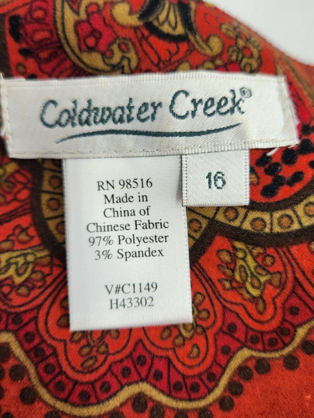 Coldwater Creek Red Orange Black Paisley Top Chinese Fabric Size 16 Side Zip - Picture 5 of 10